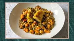 Creamy Coconut Daal with Sweet Potato and Indian-spiced Monkfish Tails